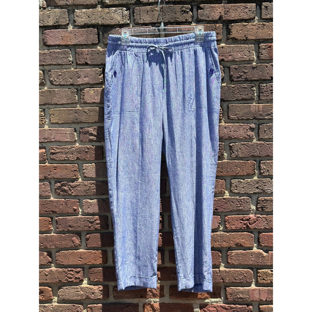 Jones New York Women S Pants Blue Linen Blend Elastic Waist Casual Coastal Boho